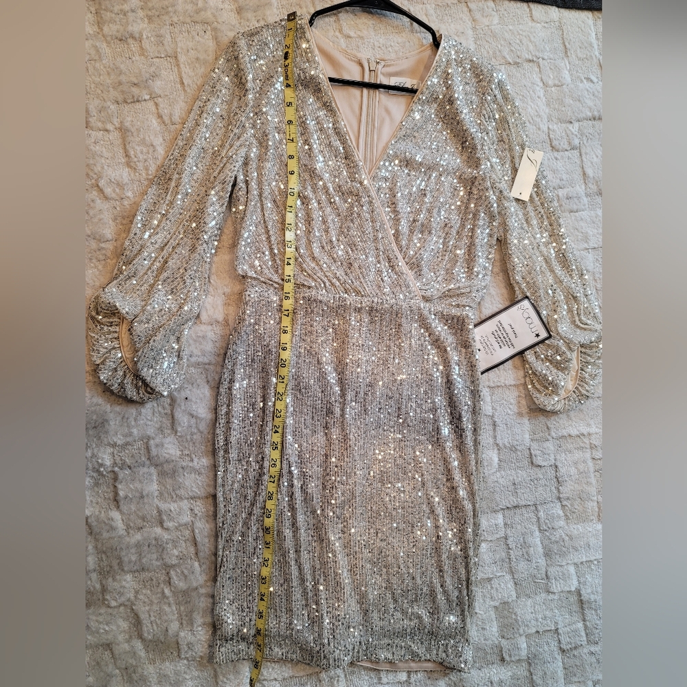 NWT Eliza J Sequin Long Sleeve Cocktail Dress Silver Blouson Size 6 - Picture 12 of 14